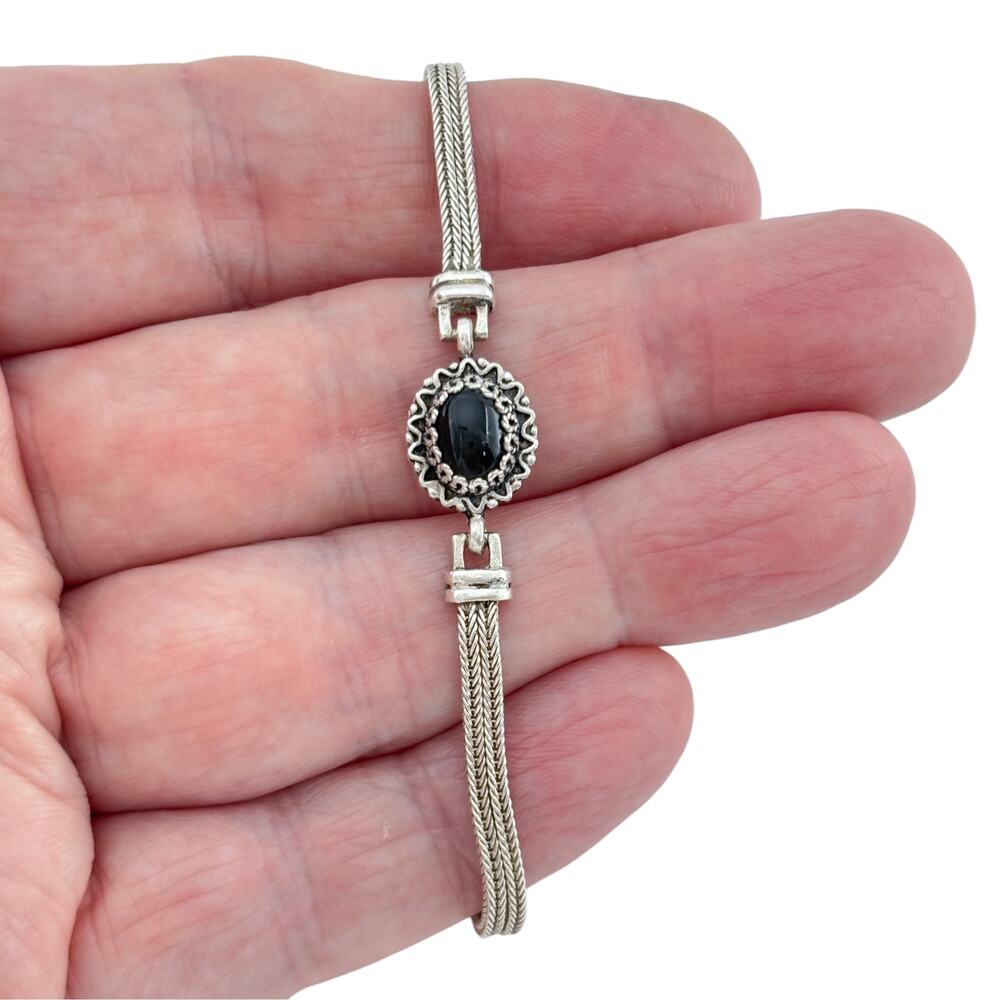 Vintage Sterling Silver 925 Onyx Foxtail Bracelet 7.25"